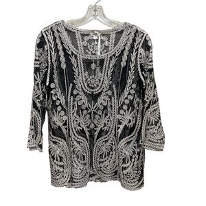 Ultra Pink Lace Sheer Embroidered Top Black Size Medium